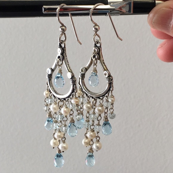 Aquamarine & Pearl Chandelier Earrings - Picture 3 of 8